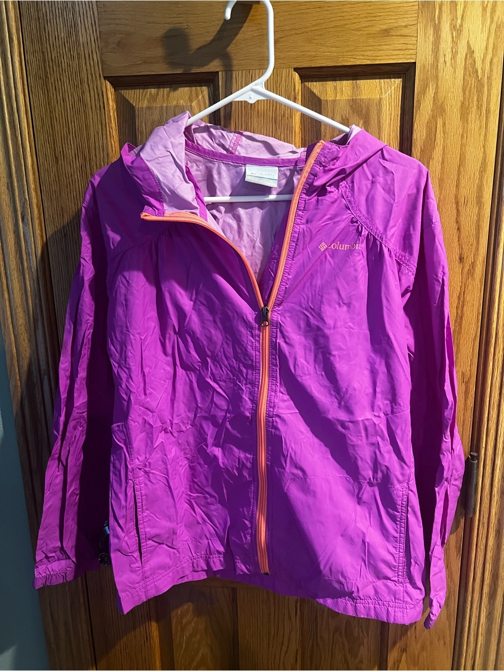 Columbia Women's Bright Purple Hooded Packable Ski Jacket with Orange Zipper